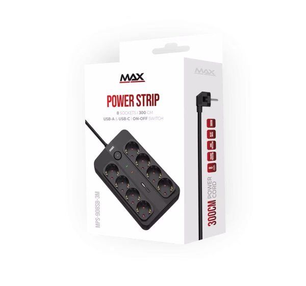 Produžni kabl sa prenaponskom zaštitom sa 8 utičnica MAX MPS-908SB-3M/3m/USB A & USB C port