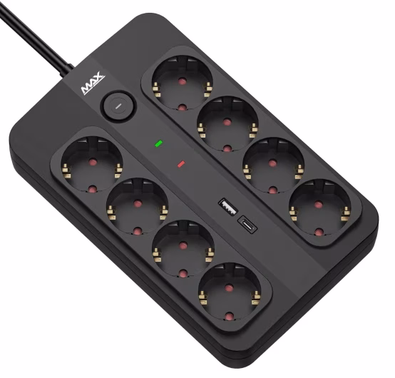 Produžni kabl sa prenaponskom zaštitom sa 8 utičnica MAX MPS-908SB-3M/3m/USB A & USB C port