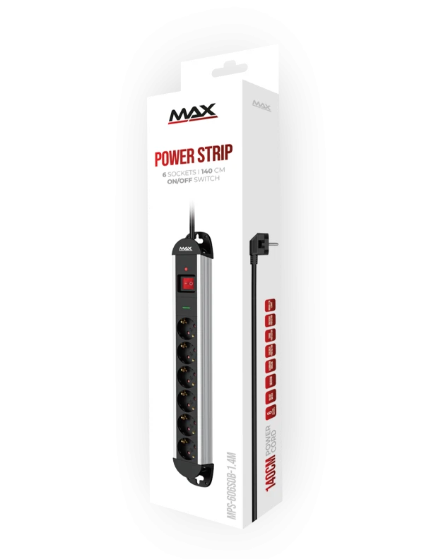 Produžni kabl sa prenaponskom zaštitom sa 6 utičnica MAX MPS-606SOB-1.4M/aluminijumsko kučište/1.4m