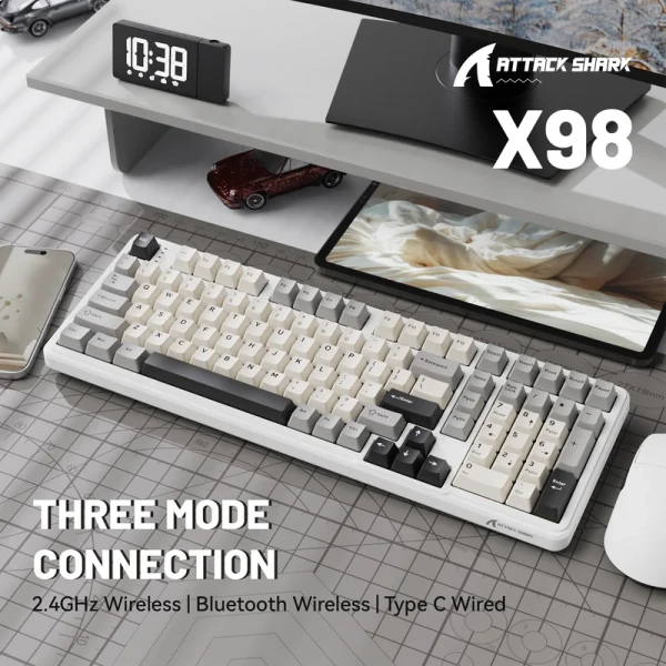 Bežična Gaming tastatura Attack Shark X98 Mehanička/Full Size/TriMode/Gasket/Cheese White