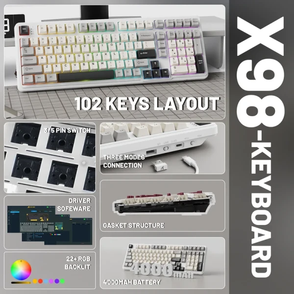 Bežična Gaming tastatura Attack Shark X98 Mehanička/Full Size/TriMode/Gasket/Cheese White