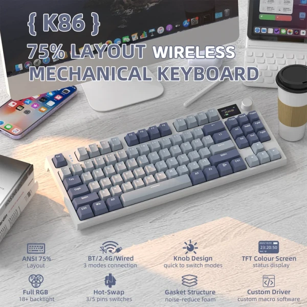 Bežična gaming tastatura Attack Shark K86 Mehanička/TriMode/TFT Screen/Media Control/Lavender Blue