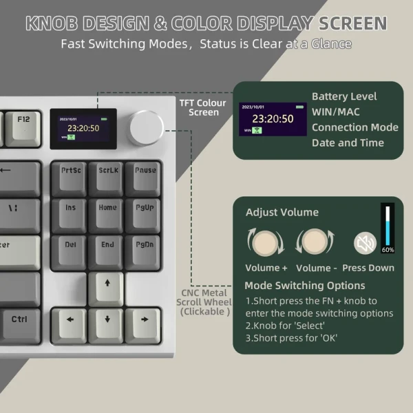 Bežična gaming tastatura Attack Shark K86 Mehanička/TriMode/TFT Screen/Media Control/Retro Gray