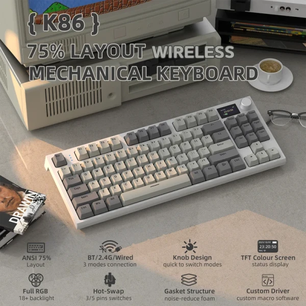 Bežična gaming tastatura Attack Shark K86 Mehanička/TriMode/TFT Screen/Media Control/Retro Gray