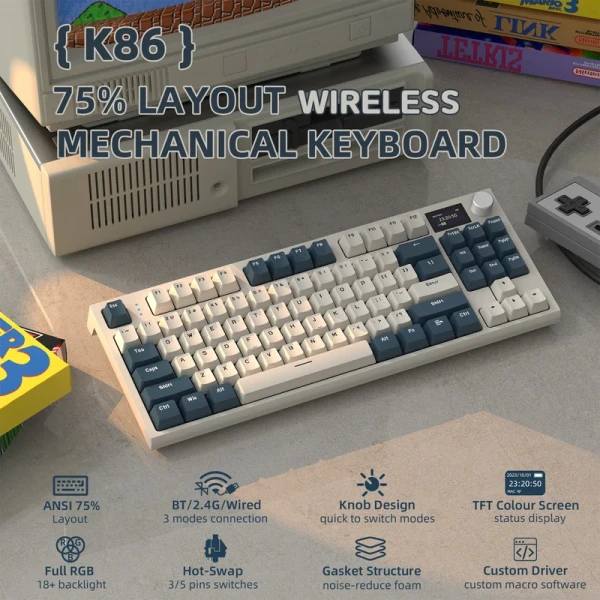 Bežična gaming tastatura Attack Shark K86 Mehanička/TriMode/TFT Screen/Media Control/Timing Machine