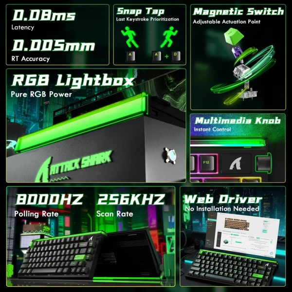 Gaming tastatura Attack Shark R85HE Magnetic Switches/8KHz/RT/Snap Tap/DKS/MT/TGL/Fluorescent Green - Slika 4