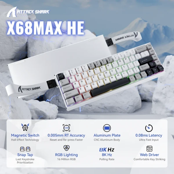 Gaming tastatura Attack Shark X68MAX Magnetic Switches/RT/SnapTap/DKS/MT/TGL/Aluminium/Starry White